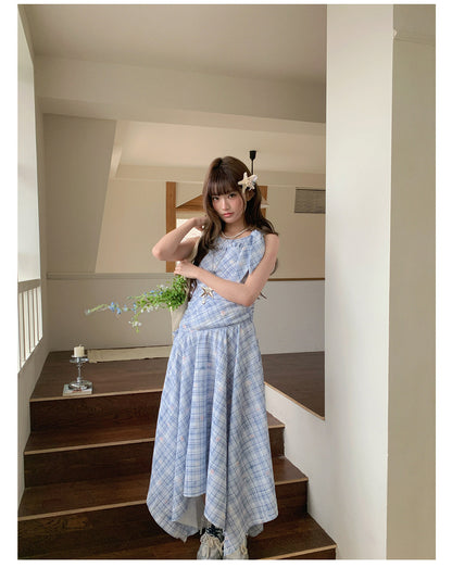 “Blue Meadow Reverie” Blue Plaid Floral Maxi Dress