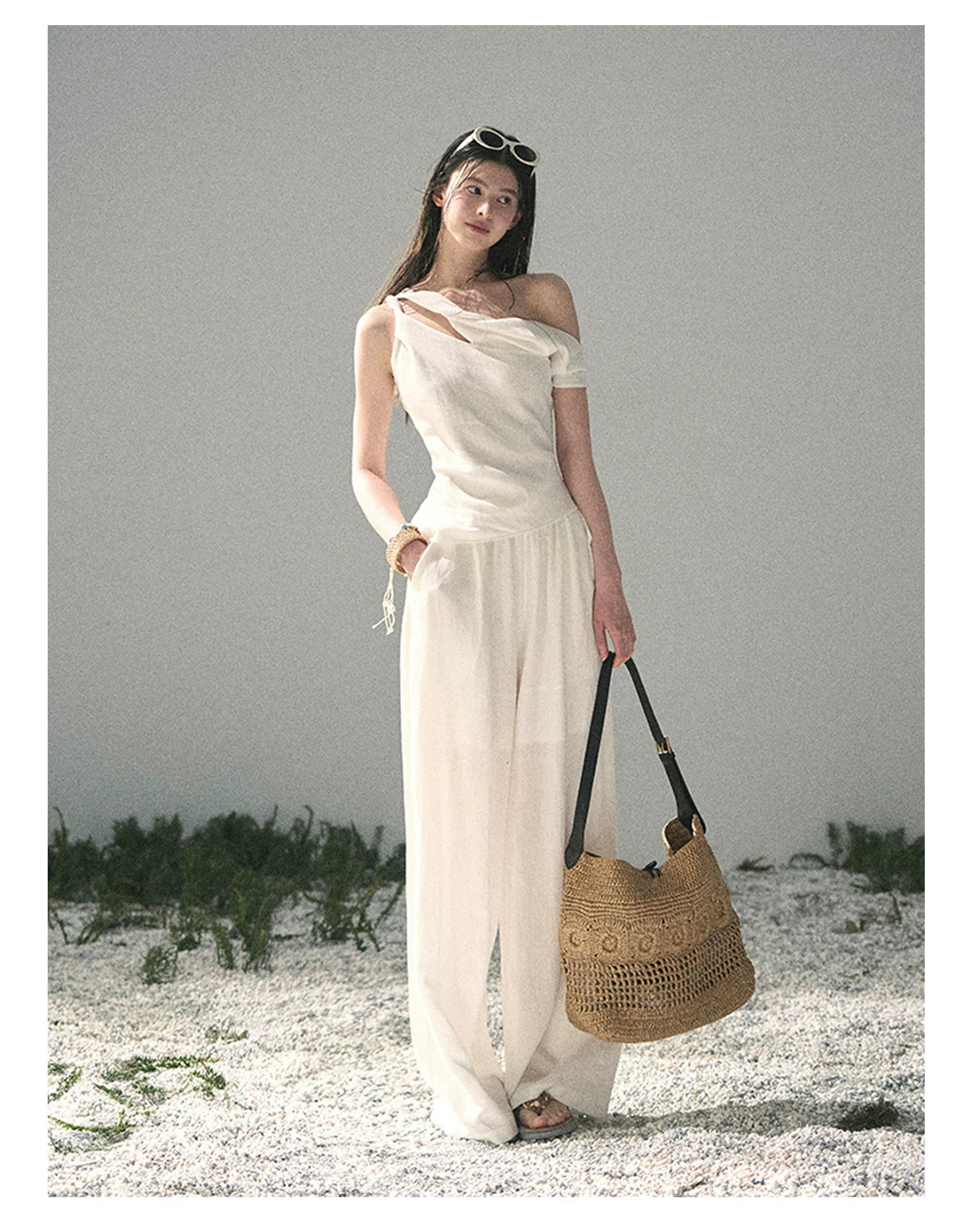 “Cloud Threads Falling at the Shoulder” Ivory Linen-Blend Two-Piece Set