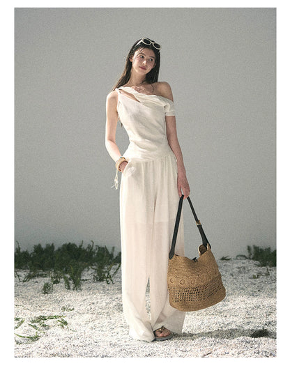 “Cloud Threads Falling at the Shoulder” Ivory Linen-Blend Two-Piece Set