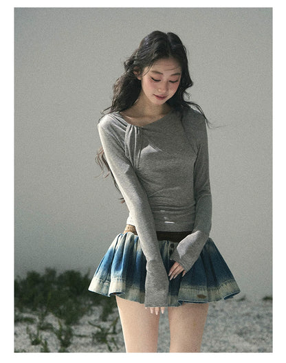 “Skin Mood” Cloud Mist Gray Ruched Asymmetrical Top