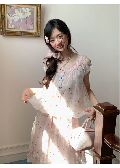 “Strawberry Boba Daydream” Pink Polka Dot Bubble Skirt Set