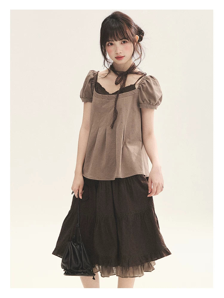 "Faded Bloom" Deep Brown Red Lace Trim Tiered A-Line Skirt