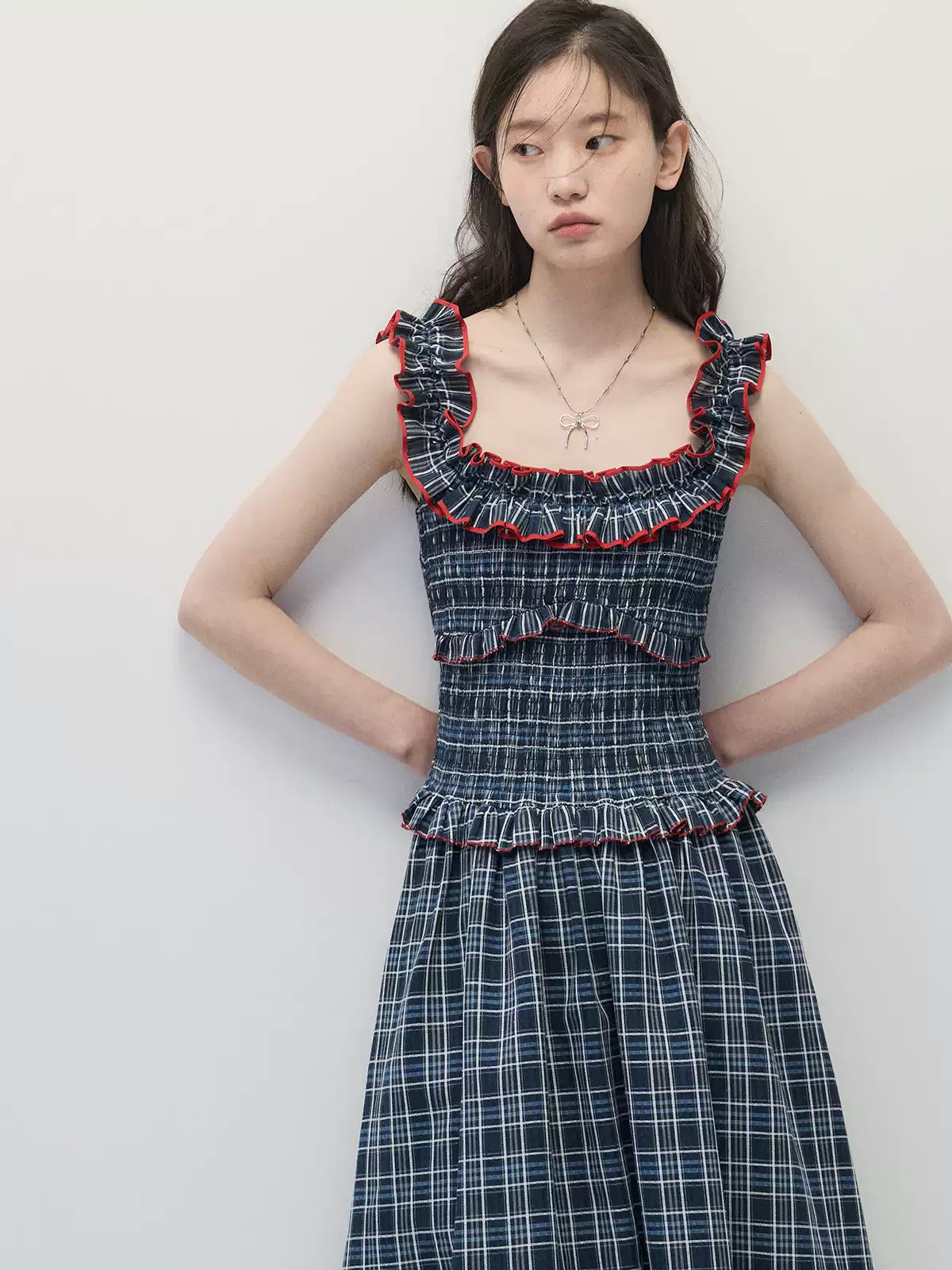 Navy Blue Plaid Off-Shoulder Maxi Dress with Red Contrast Trim