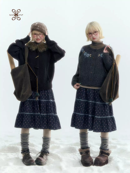 Horridale - Navy Blue Floral Lace Patchwork Tiered A-Line Midi Skirt