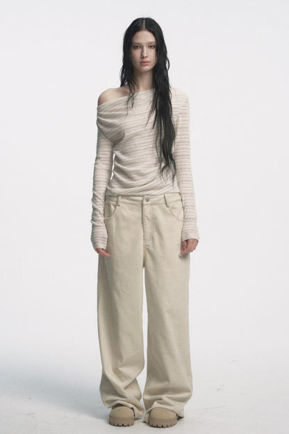 Muirgen - Ivory Silver-Thread Asymmetrical Off-Shoulder Fitted Top
