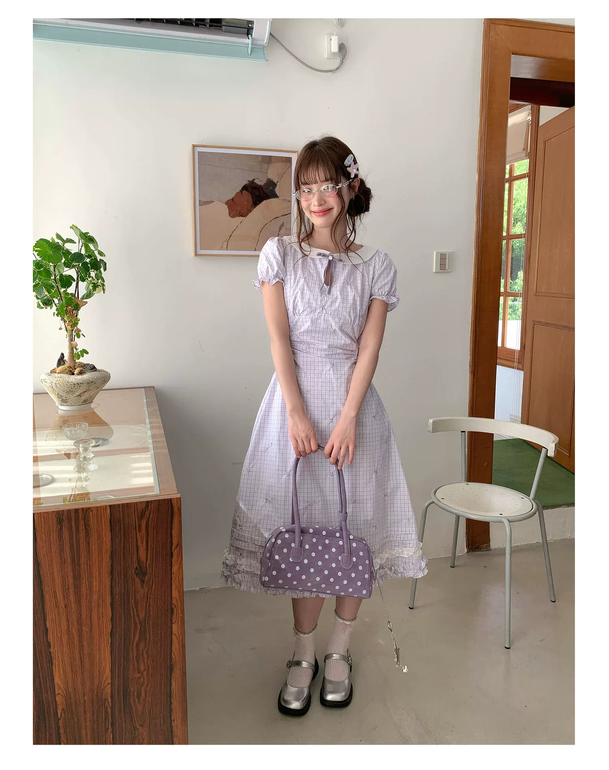 [RF] “Taro Milk Pudding” Purple Plaid Ruffle Midi Dress