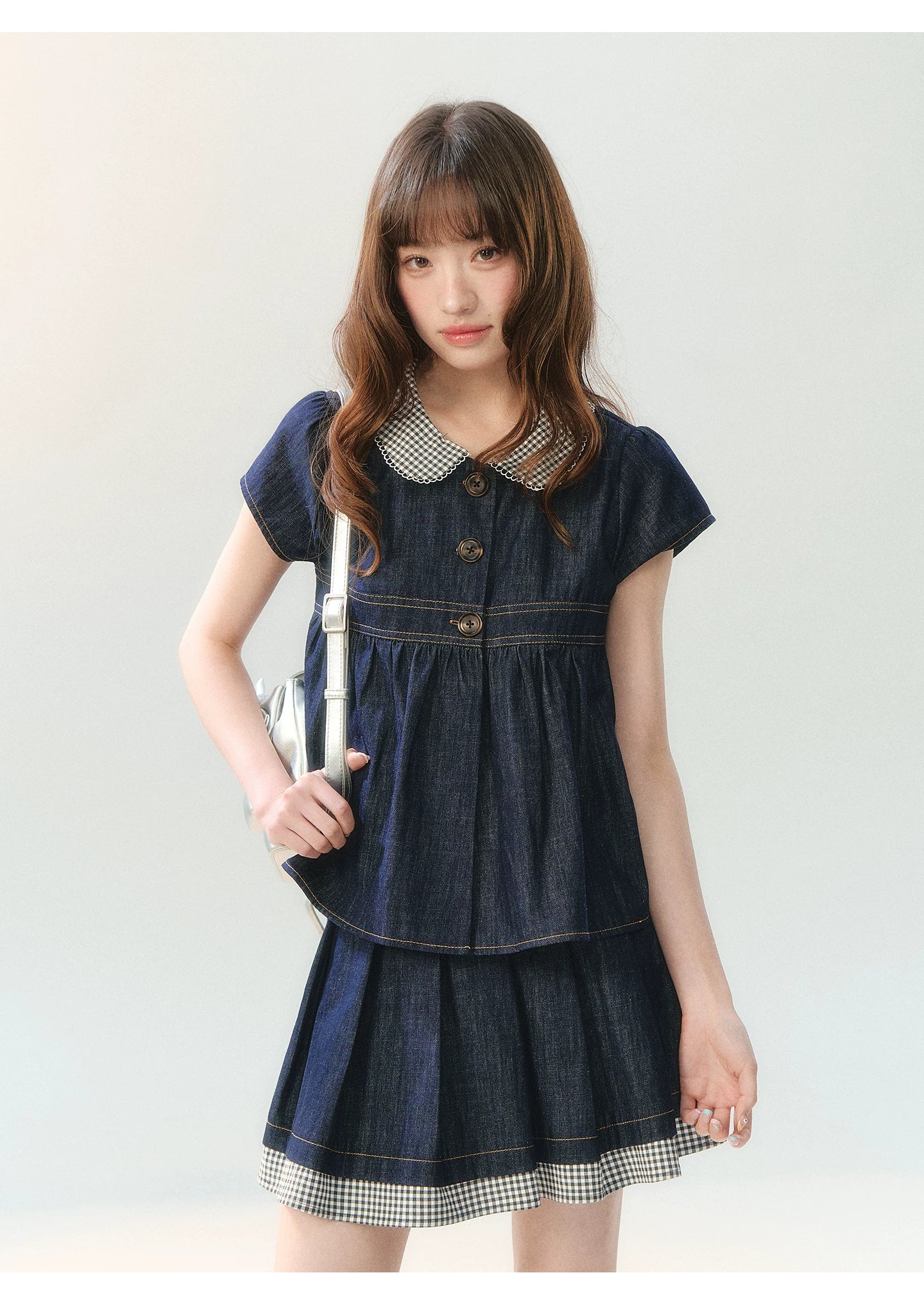 "Denim Check Prelude" Indigo Denim Three-Piece Set