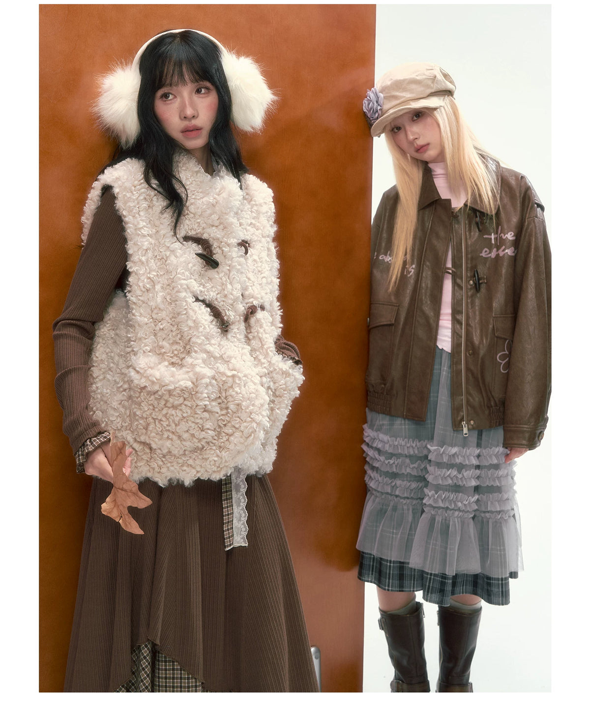 CAN - "The Velvet Alcove" Light Coffee Brown Reversible Plaid Shearling Vest