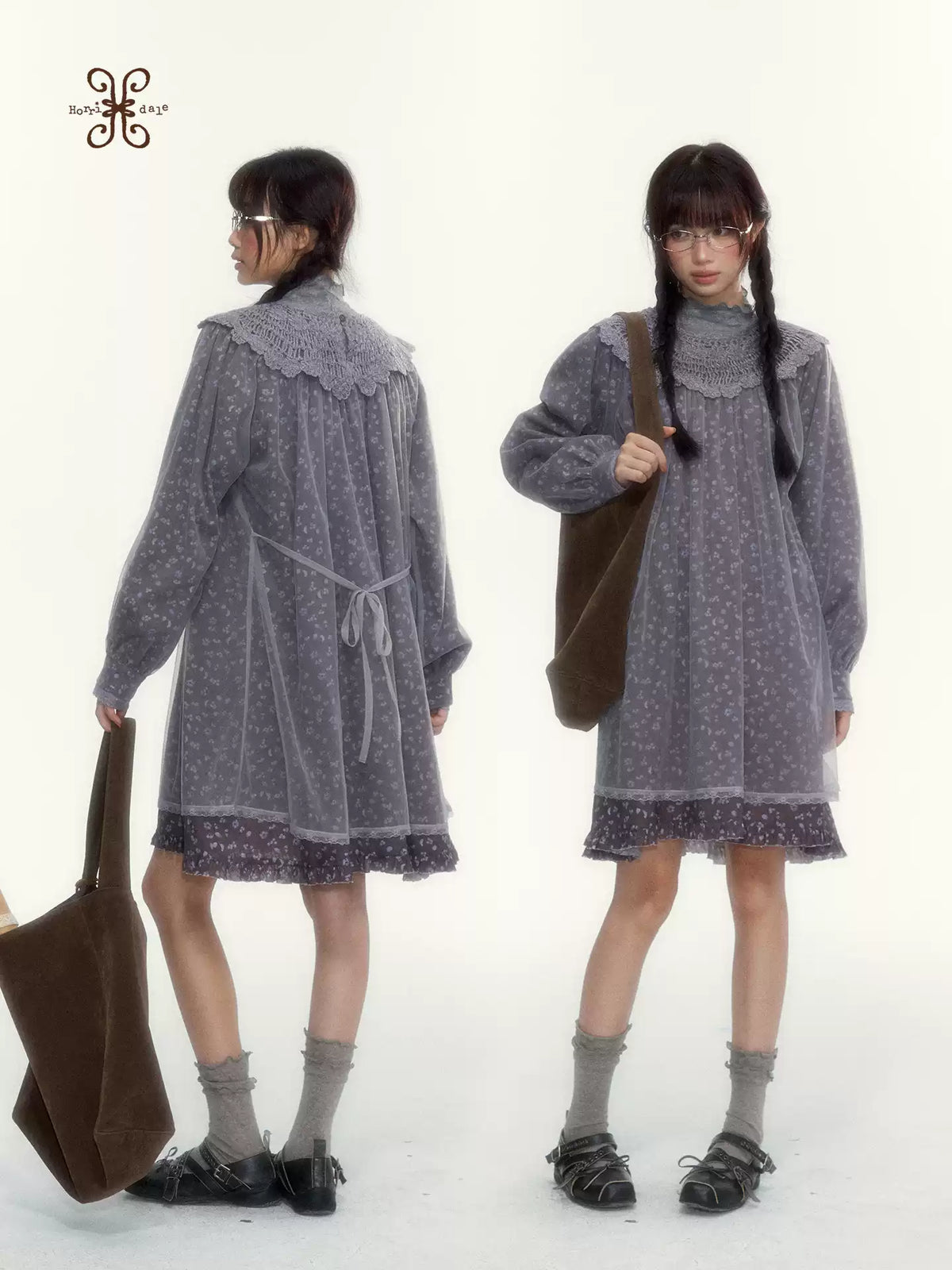 Gray Purple Floral Mesh Overlay A-Line Dress