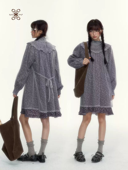 Gray Purple Floral Mesh Overlay A-Line Dress