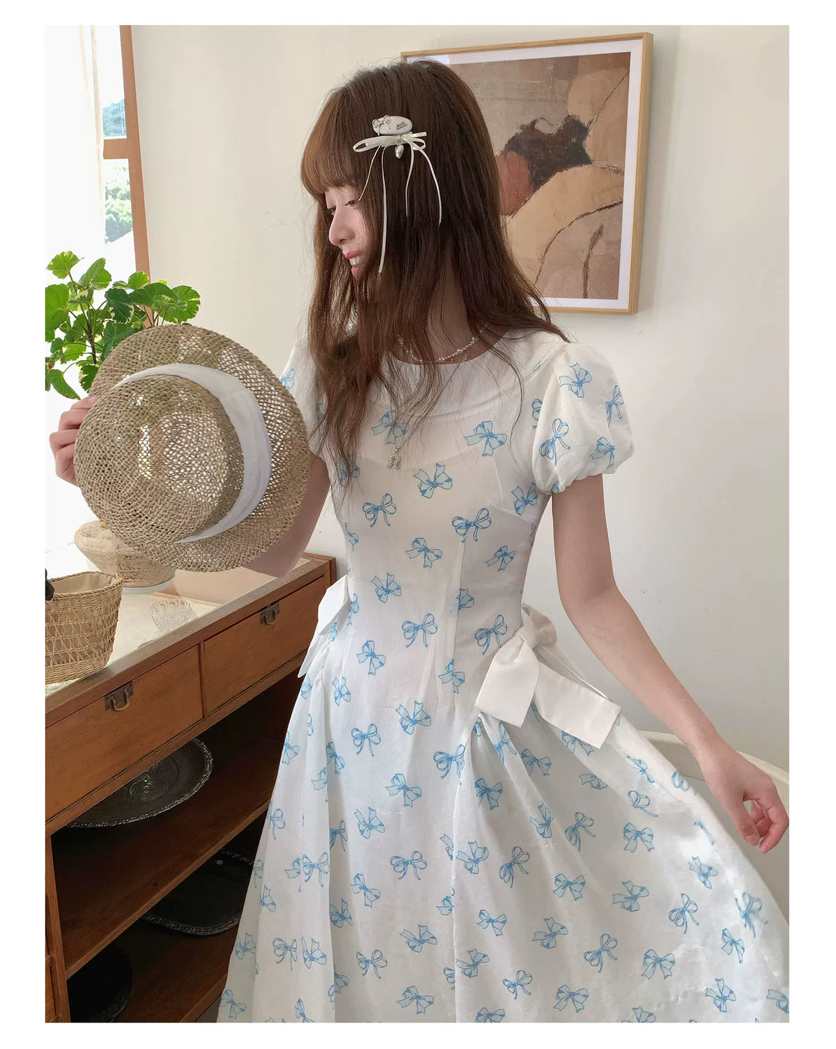 [RF] “Blue Butterfly Letter” Light Blue Floral Bow Midi Dress