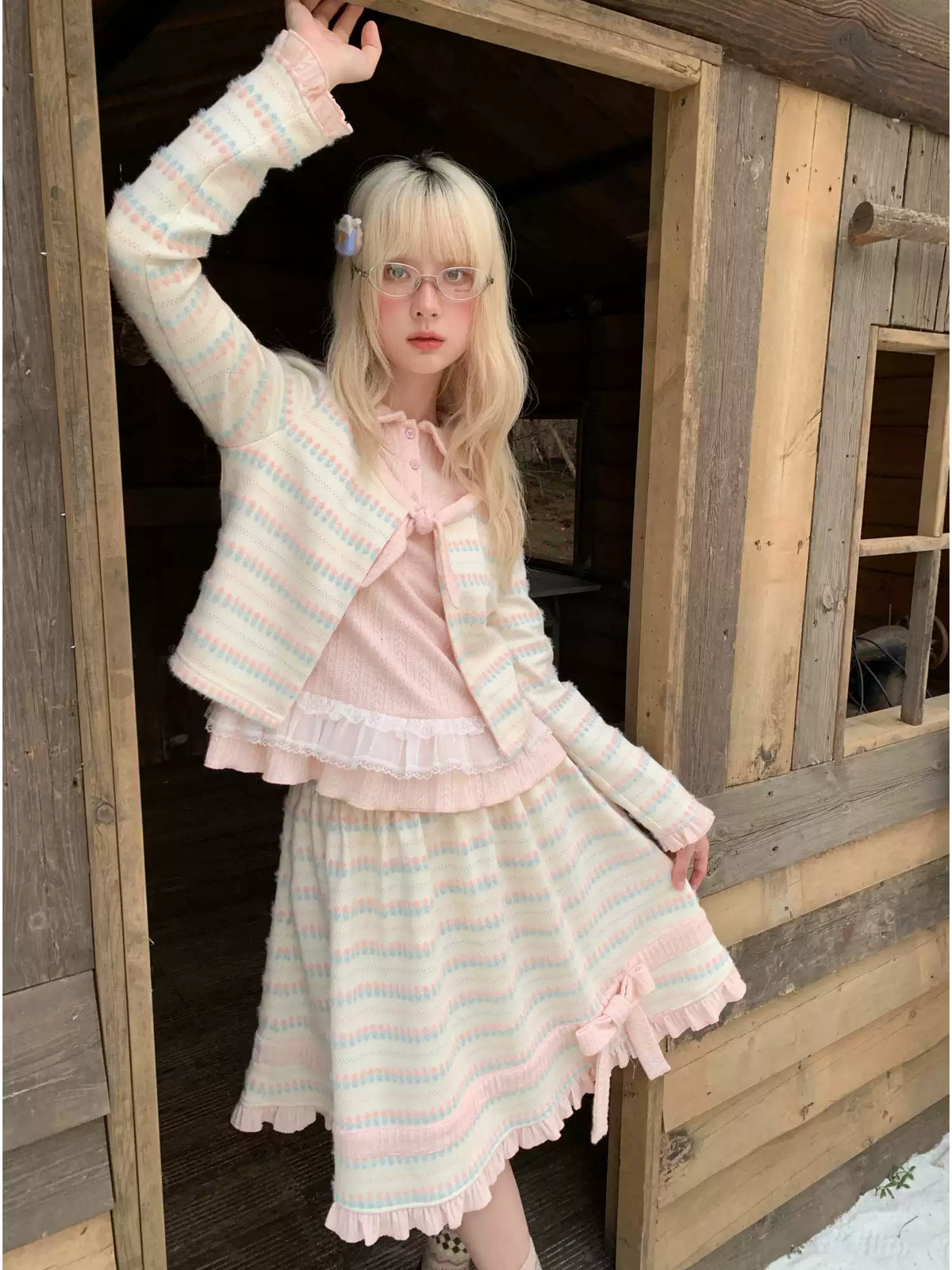 RF - Candy Stripe Floral Knit Cardigan and Midi Skirt Set
