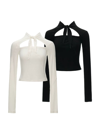 Lace-Up Cutout Waist-Sculpt Long Sleeve Top (Black/ White)