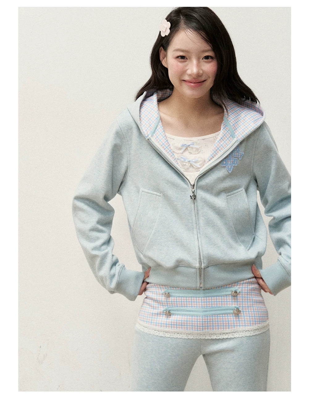 [RF] Soft Gingham Color-Block Hoodie and Flare Pants Set (Blue / Mauve)