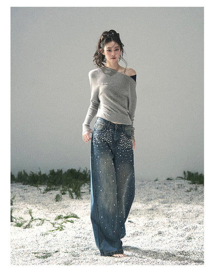 “Ashes of Yesterday” Mist Gray Off-Shoulder Layered Knit Top