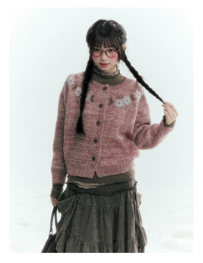 Horridale - Dusty Lotus Pink Vintage Crochet Flower Knit Cardigan