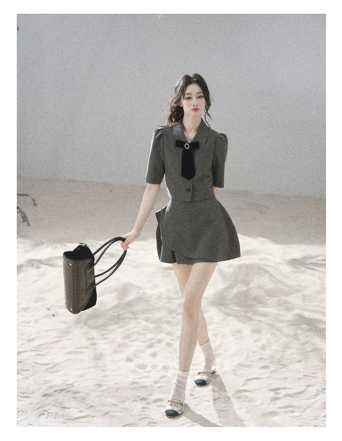 "Paris Afternoon" Slate Gray Bow Top & A-Line Mini Skirt Two-Piece Set