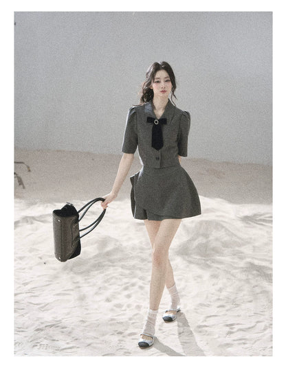 "Paris Afternoon" Slate Gray Bow Top & A-Line Mini Skirt Two-Piece Set