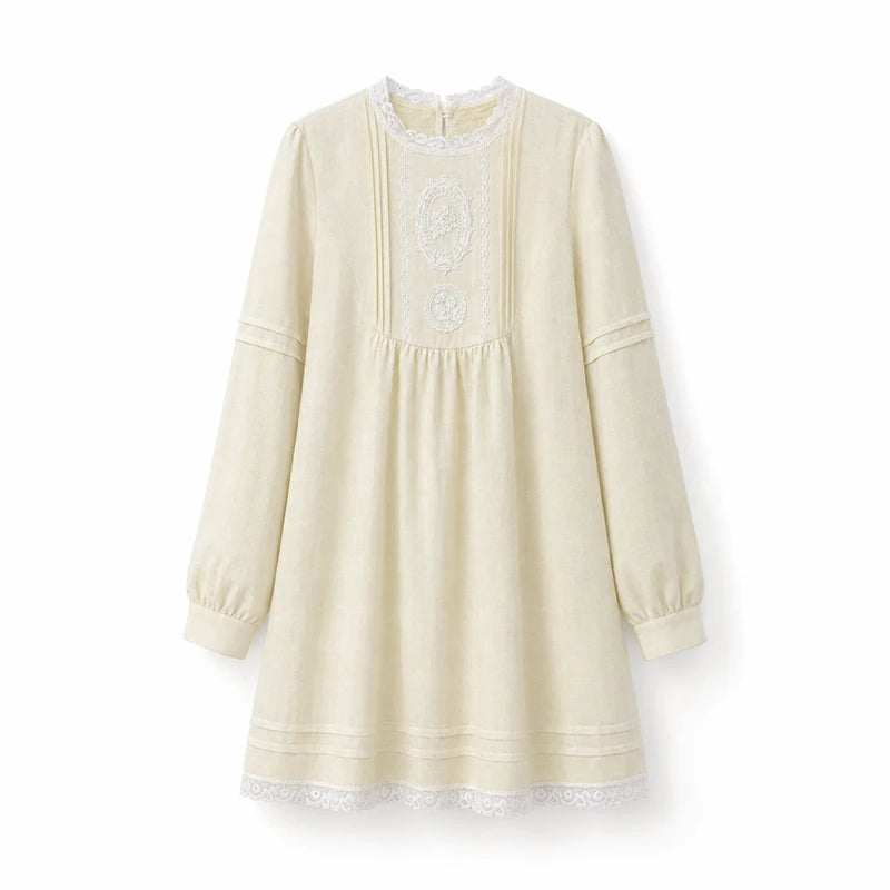DAILY ARTIST - “Pale Twilight Sequence” Vintage Lace Appliqué Babydoll Dress (Light Brown / Pale Yellow)