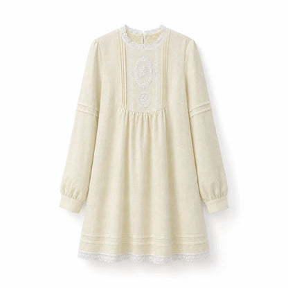DAILY ARTIST - “Pale Twilight Sequence” Vintage Lace Appliqué Babydoll Dress (Light Brown / Pale Yellow)