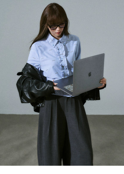 LOST FOREST - Black Faux Leather Moto Jacket with Plaid Wool Collar
