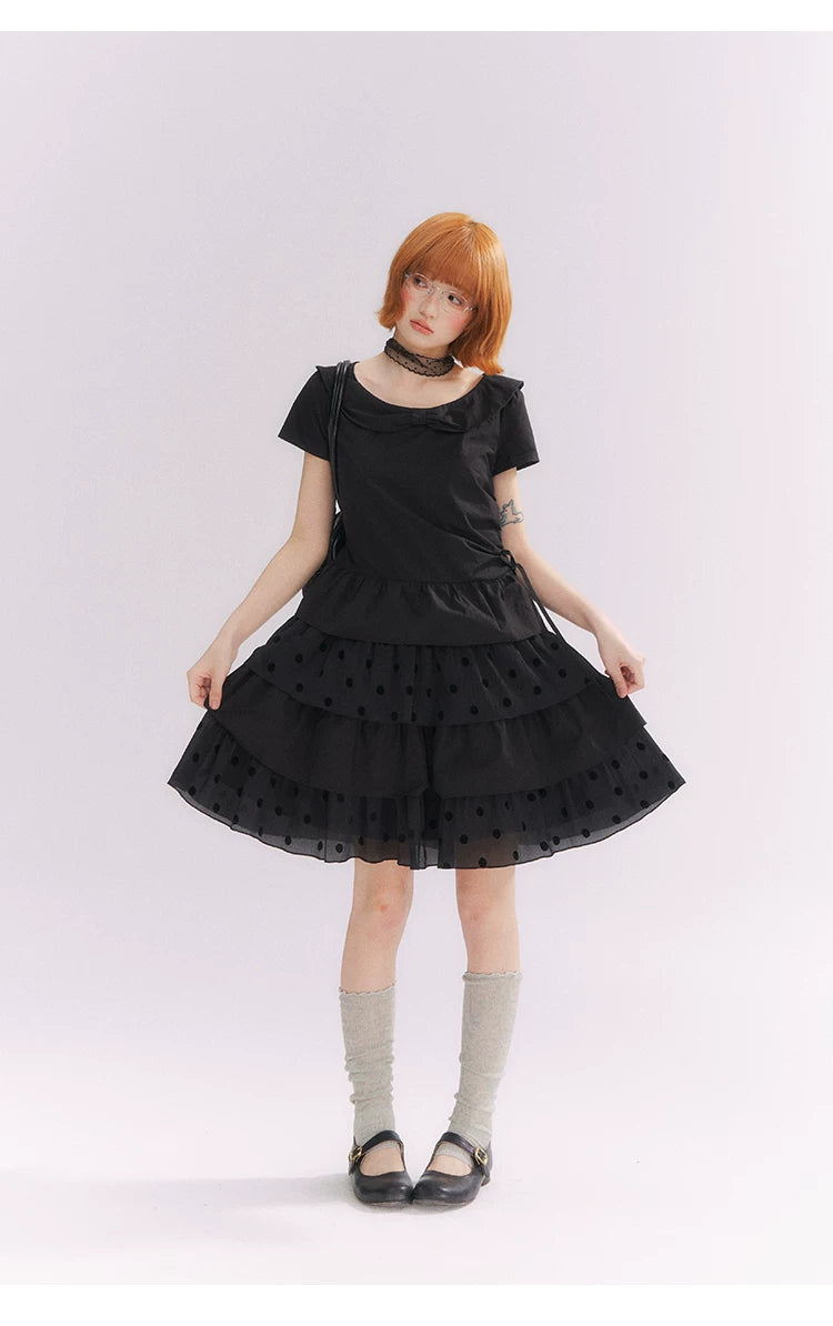 “Midnight Sweetheart” Black Korean-Style Bow Polka Dot Tiered Dress