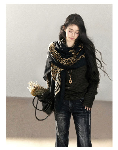 AOMALM - Korean-Style Leopard Print Shawl Scarf