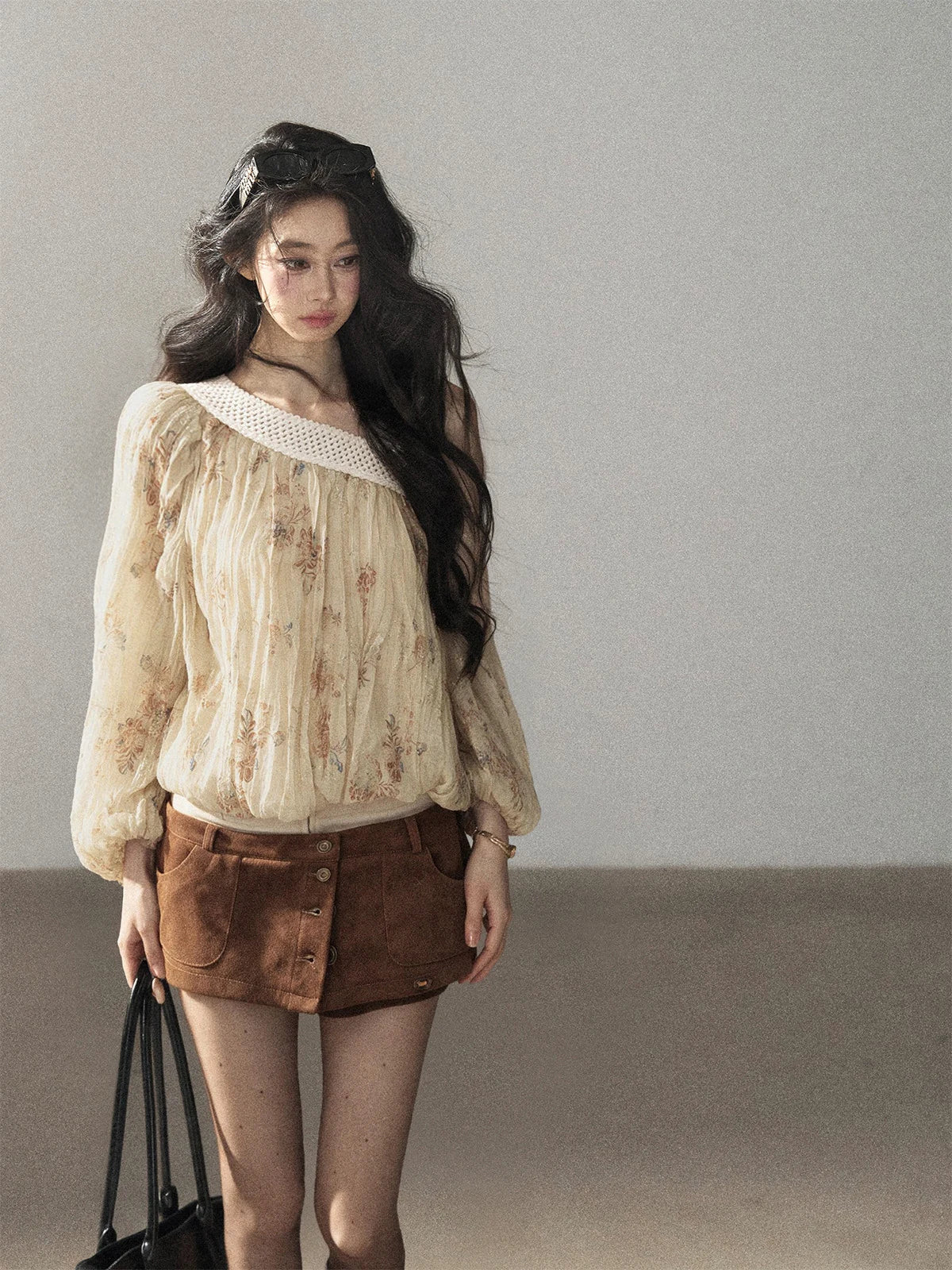 AOMALM - "Laurel's Sigh" Amber Yellow French-Inspired Asymmetrical Shoulder Floral Chiffon Blouse