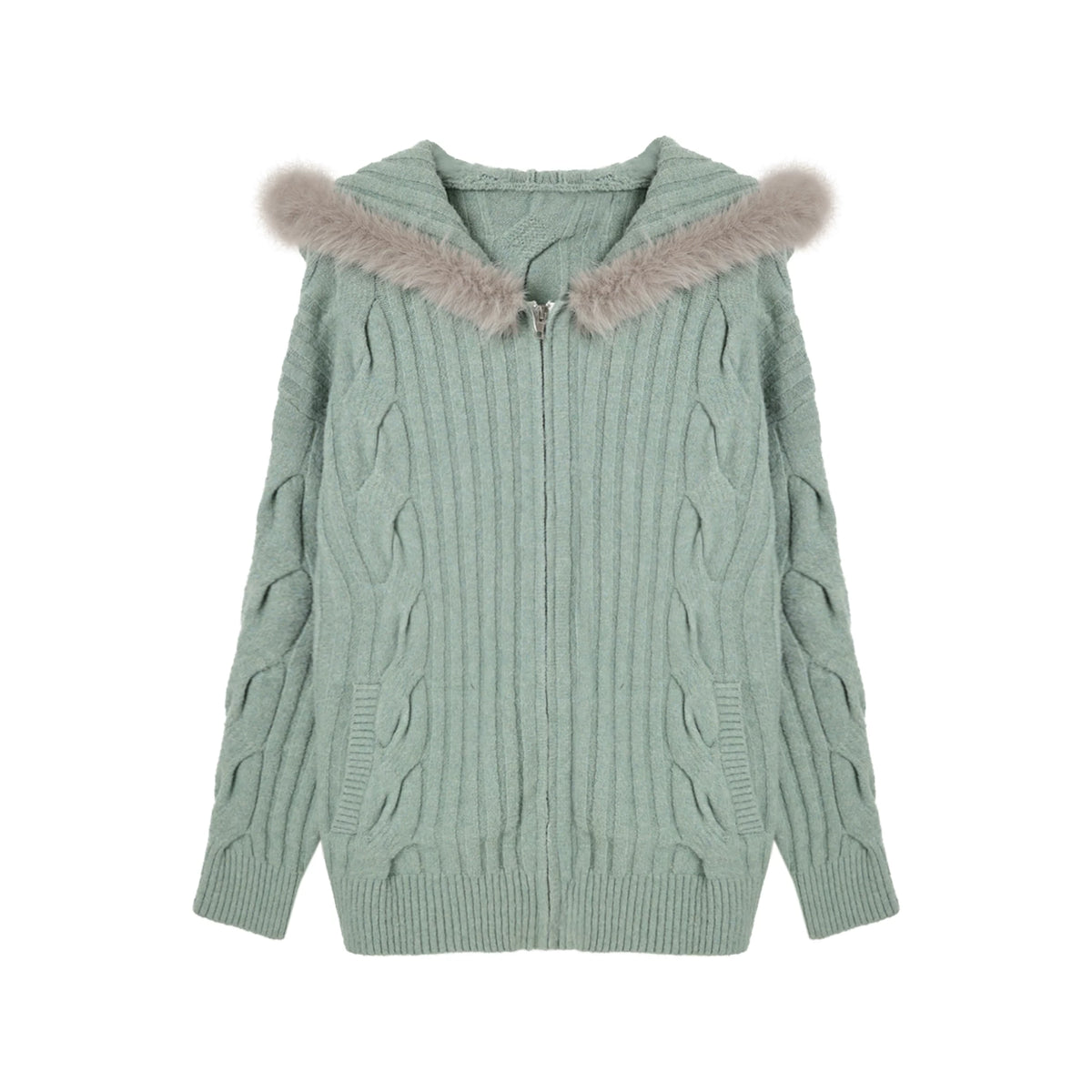 KYOUKO - Mint Green Hooded Knit Cardigan & Striped Top 3-Piece Set