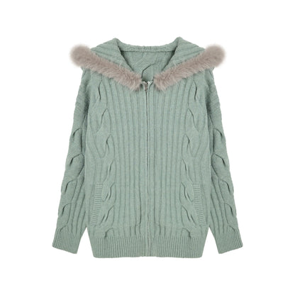 KYOUKO - Mint Green Hooded Knit Cardigan & Striped Top 3-Piece Set