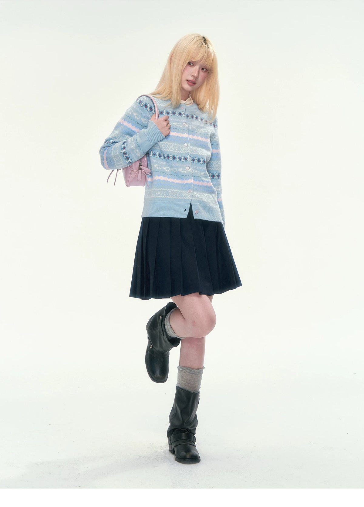 [CAN] Blue Fair Isle Cropped Wool Cardigan (100% Sheep Wool)