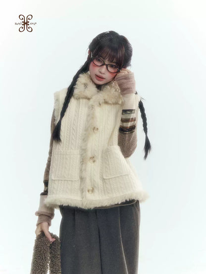 Horridale - Cream Beige Reversible Knit Vest with Detachable Bow