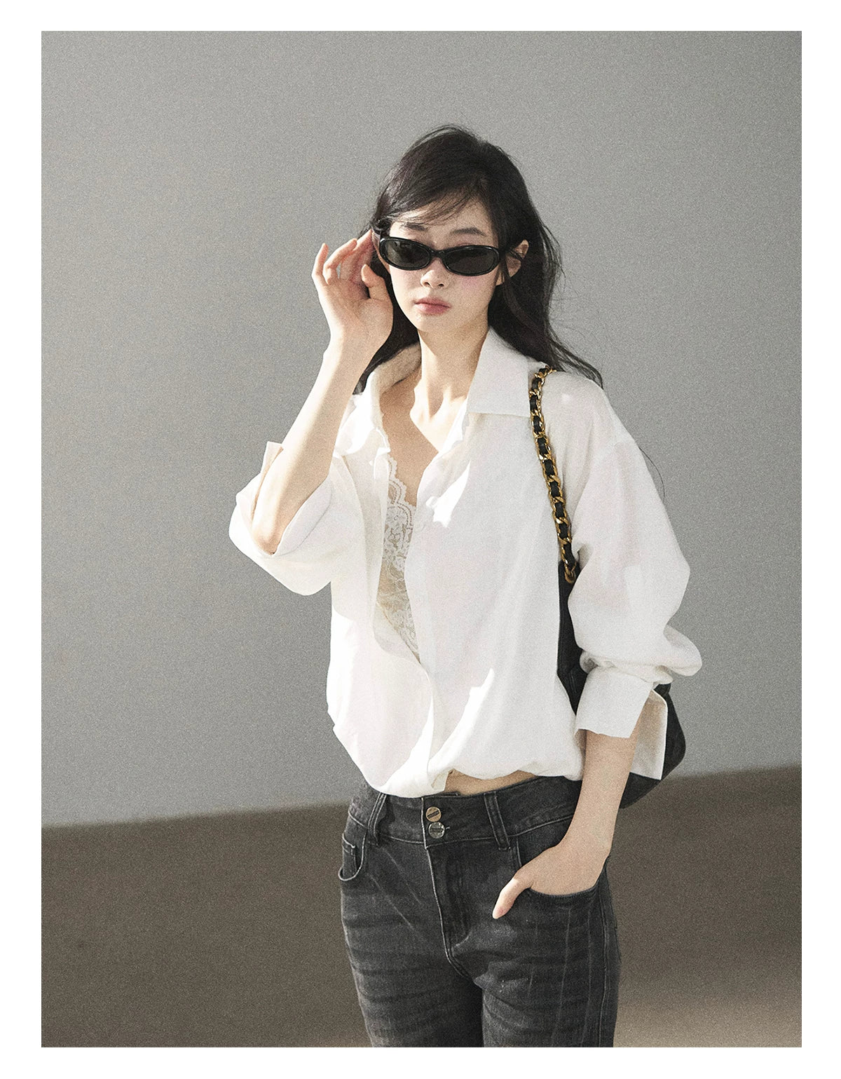 AOMALM - "Wandering Sunlight" Almond Beige Faux Two-Piece Lace Shirt Top
