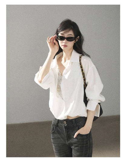 AOMALM - "Wandering Sunlight" Almond Beige Faux Two-Piece Lace Shirt Top