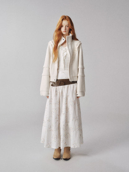 "云卷云舒" White Jacquard Short Jacket with Ruffle Collar