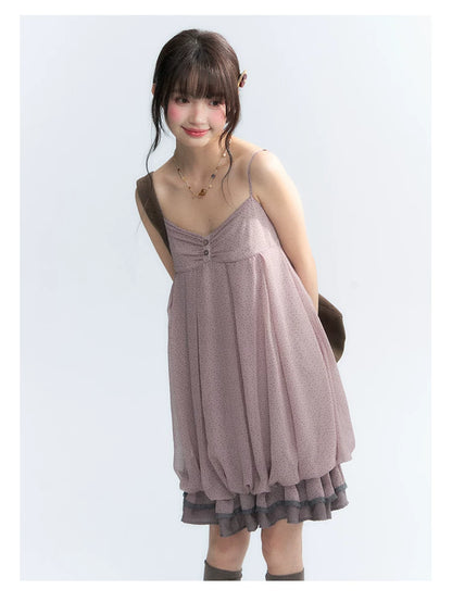 "Misty Lavender Reverie" Vintage Floral Lace Trim Midi Slip Dress
