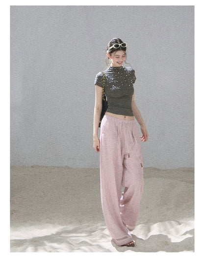 "Scattered Across the Milky Way" Pearl Beaded Knit T-Shirt (Haze Blue/ Sage Gray)