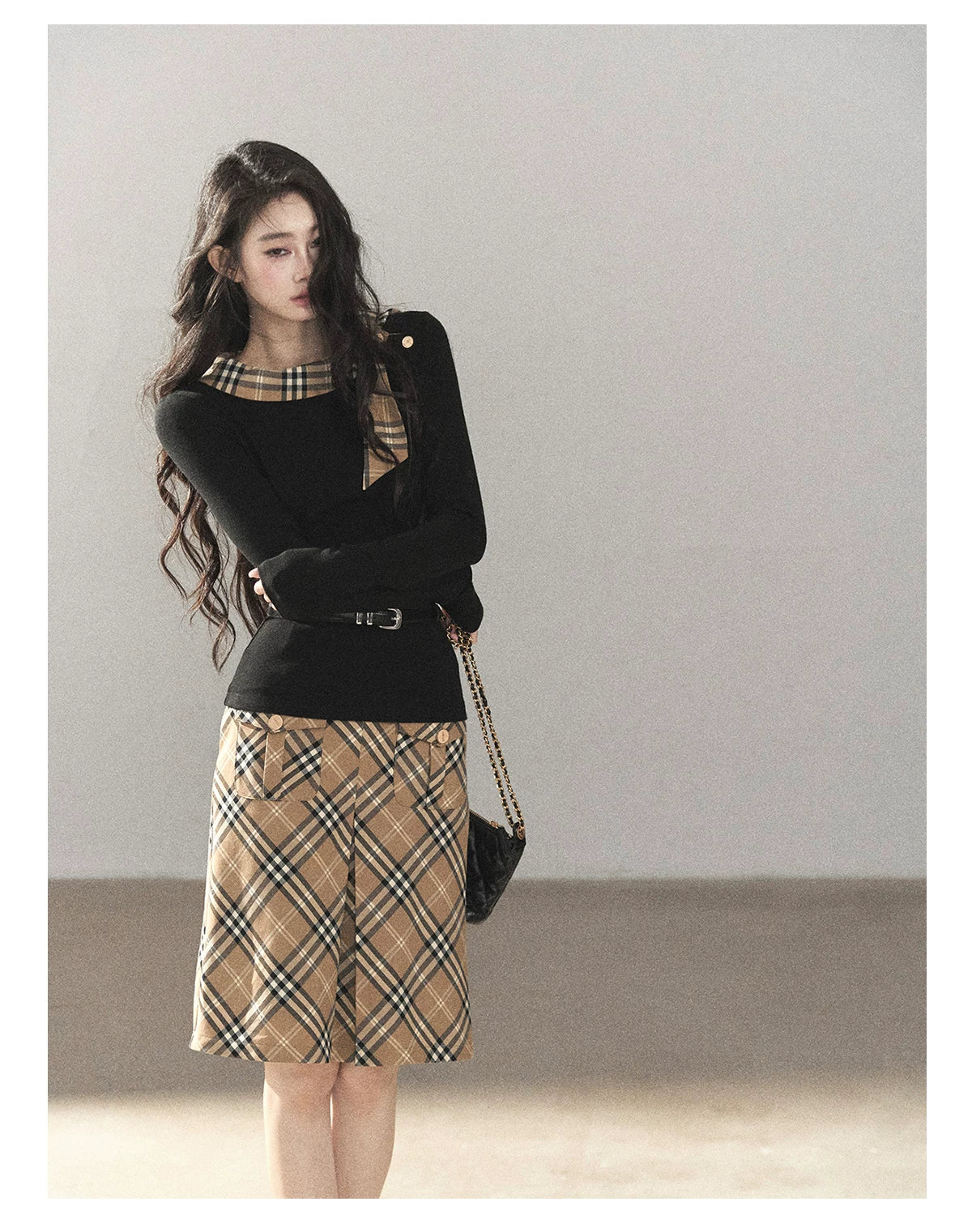 AOMALM - Black Knit Top & Light Smoky Brown Plaid Skirt Set with Belt