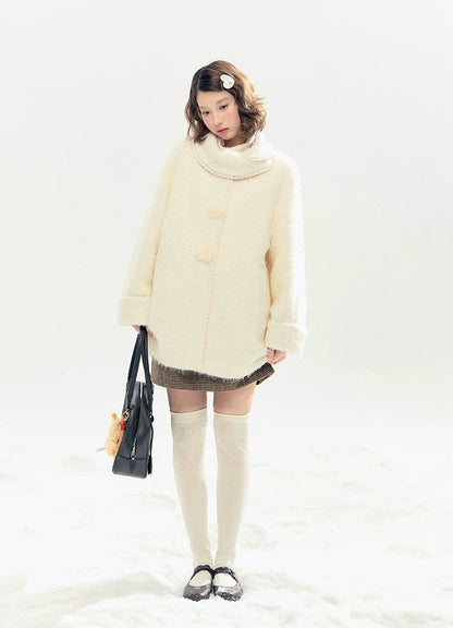 "Snow-Kissed Sakura" Ivory Wool-Blend Quilted Mid-Length Coat with Detachable Plush Flowers