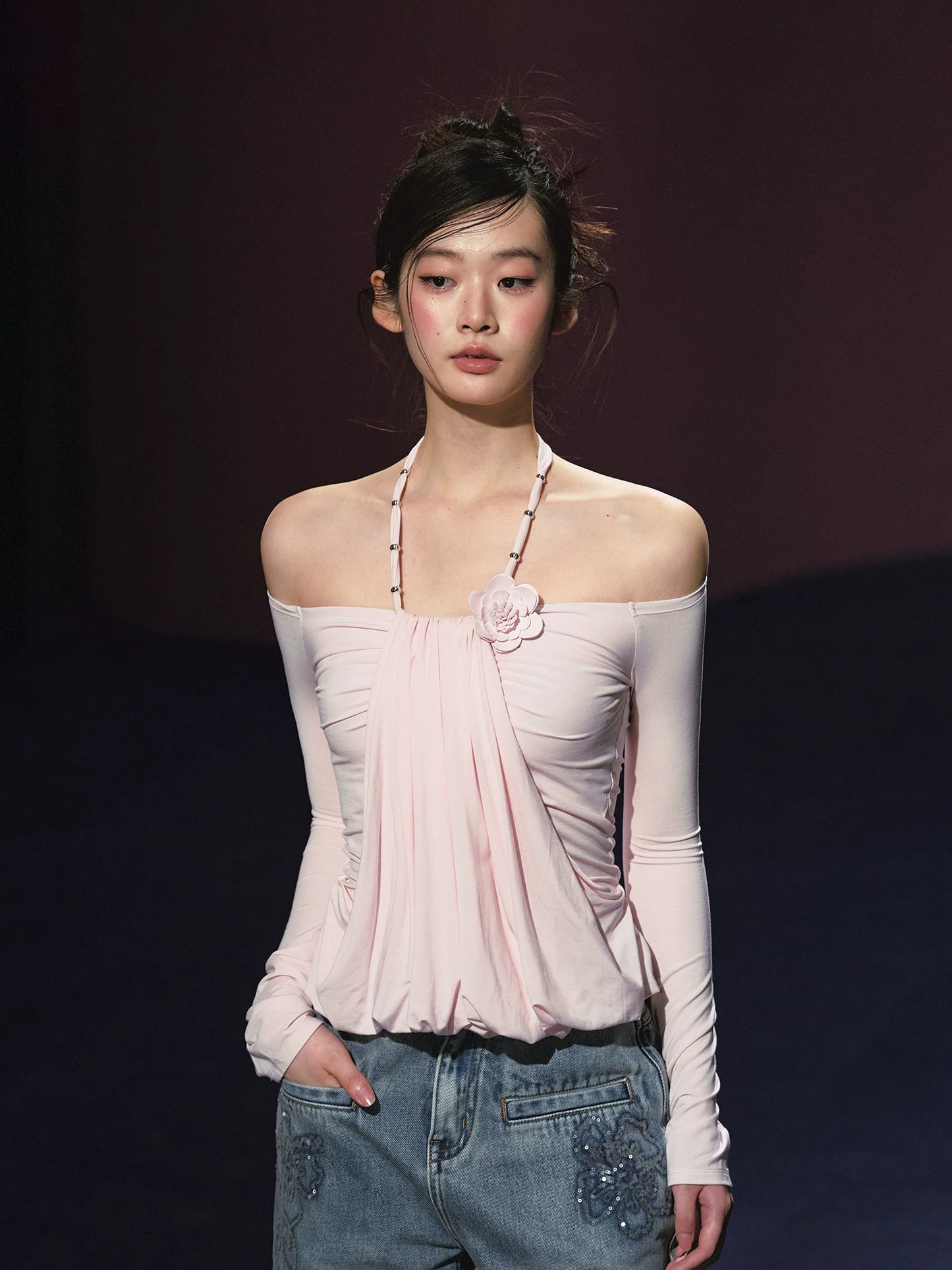 Lyocell Layered Halter Off-Shoulder Ruched Floral Top (White/ Pink)