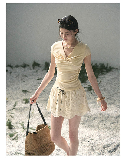 “Sheer Spring Whisper” Milkshake Yellow Twist V-Neck Top