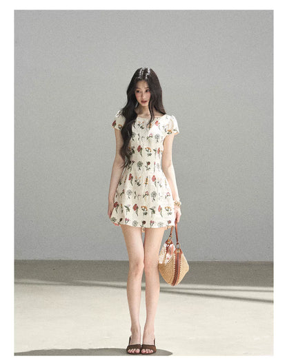 "Wildflower Daydream" Dutch Cream Embroidered Mini Dress - Short Sleeve 45684