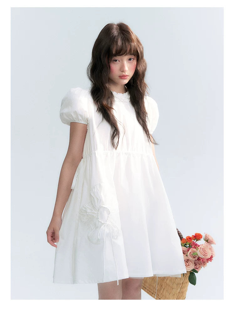 "Puff Doll Dress" Ruffle Trim Puff Sleeve Cotton A-Line Dress (White/ Black)