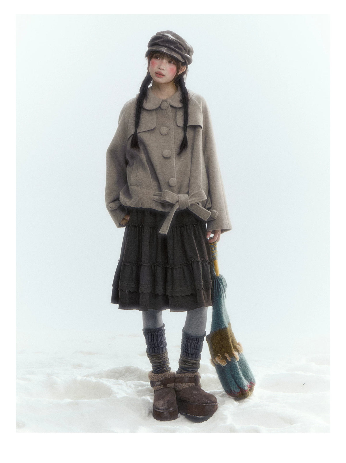 Short Cocoon Wool-Blend Coat (Taro Purple / Oatmeal Gray)