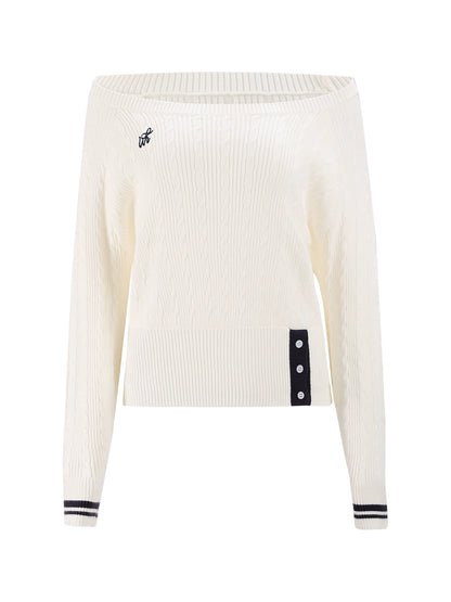 "Soft Muse" White Off-Shoulder Cable Knit Top