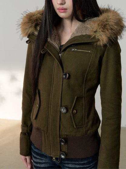 Soote Season - “Vintage Hourglass” Faux Fur–Lined Hooded Waist-Cinched Cotton Jacket - Military Green