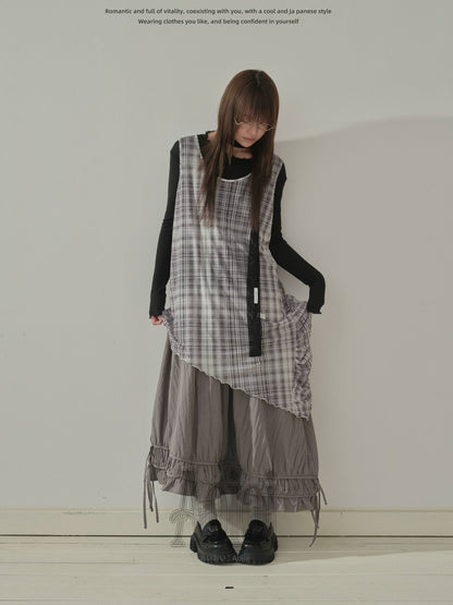 "Quiet Layers" Gray Plaid Mesh Layering Maxi Dress