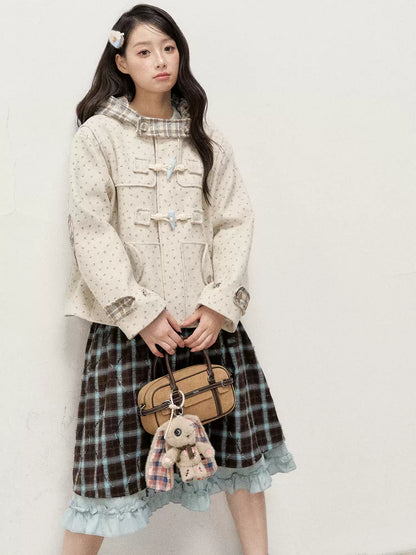 [RF] Blue & Brown Plaid Midi Skirt with Floral Buttons & Ruffle Trim