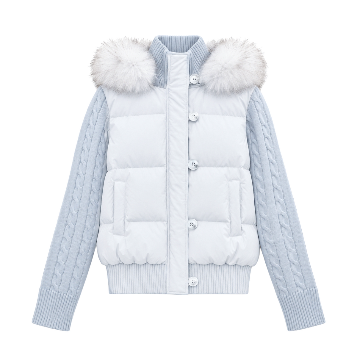 CAN - "The Macaron Affair" Cable-Knit Collar Puffer Jacket (Water Blue / Light Pink)