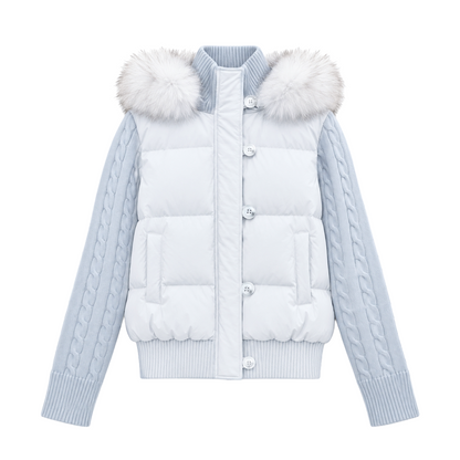 CAN - "The Macaron Affair" Cable-Knit Collar Puffer Jacket (Water Blue / Light Pink)